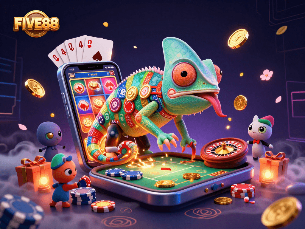 Experience the thrill of FIVE88 at the casino with a vibrant 3D chameleon owner amidst dynamic gaming elements.