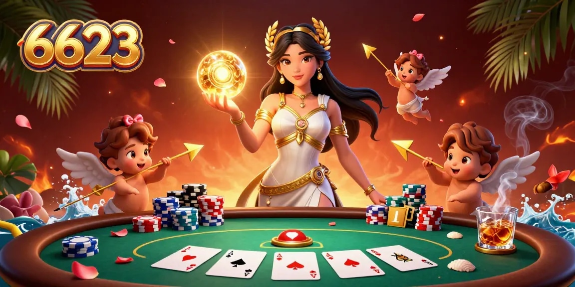 Engage in thrilling gameplay at 6623 with a stunning casino experience surrounded by poker elements.