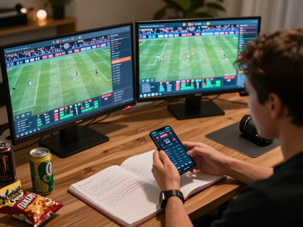 A person engages in seamless online sports betting with multiple screens showcasing live events, showcasing the excitement around O8 hair opportunities.