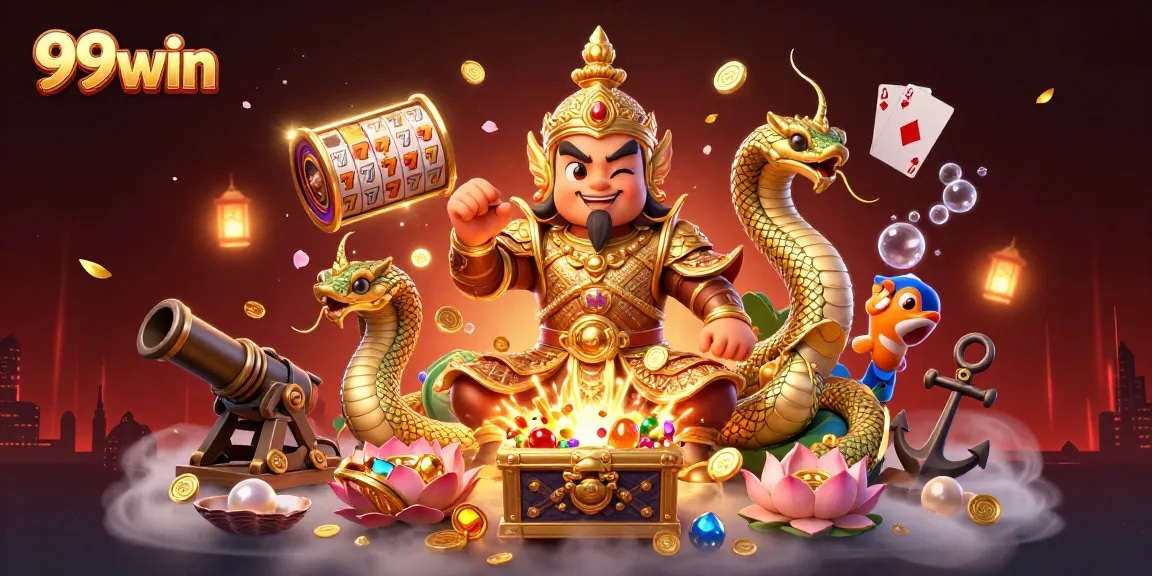 Engage with the vibrant 99win casino world featuring a dynamic scene of a golden-armored guardian and treasure elements.