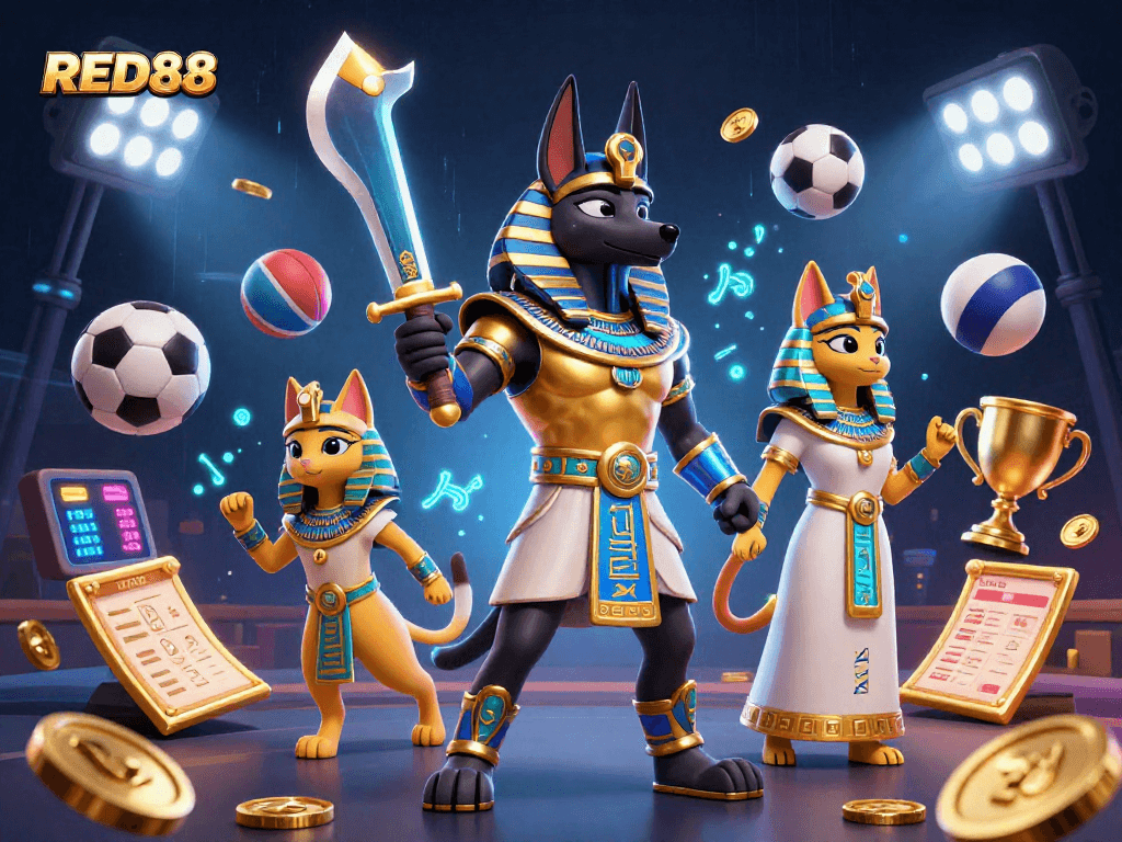 Experience thrilling gameplay at RED88 with Anubis and Bastet in a vibrant casino scene.