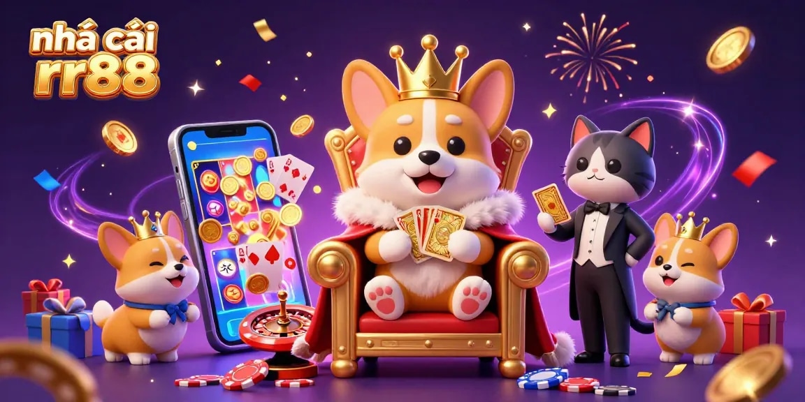 Engaging scene featuring nhà cái rr88 with a royal corgi, gaming elements, and celebratory effects.