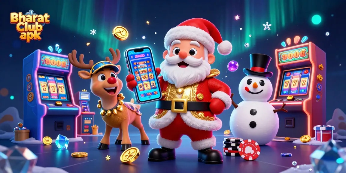 Engage with the thrilling Bharat Club apk, featuring a festive casino scene with animated characters and jackpot excitement.