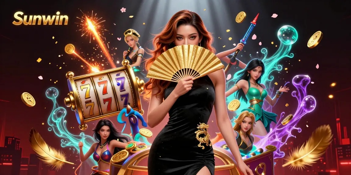 Experience thrilling slots gameplay with Sunwin as an elegant woman holds a golden fan.