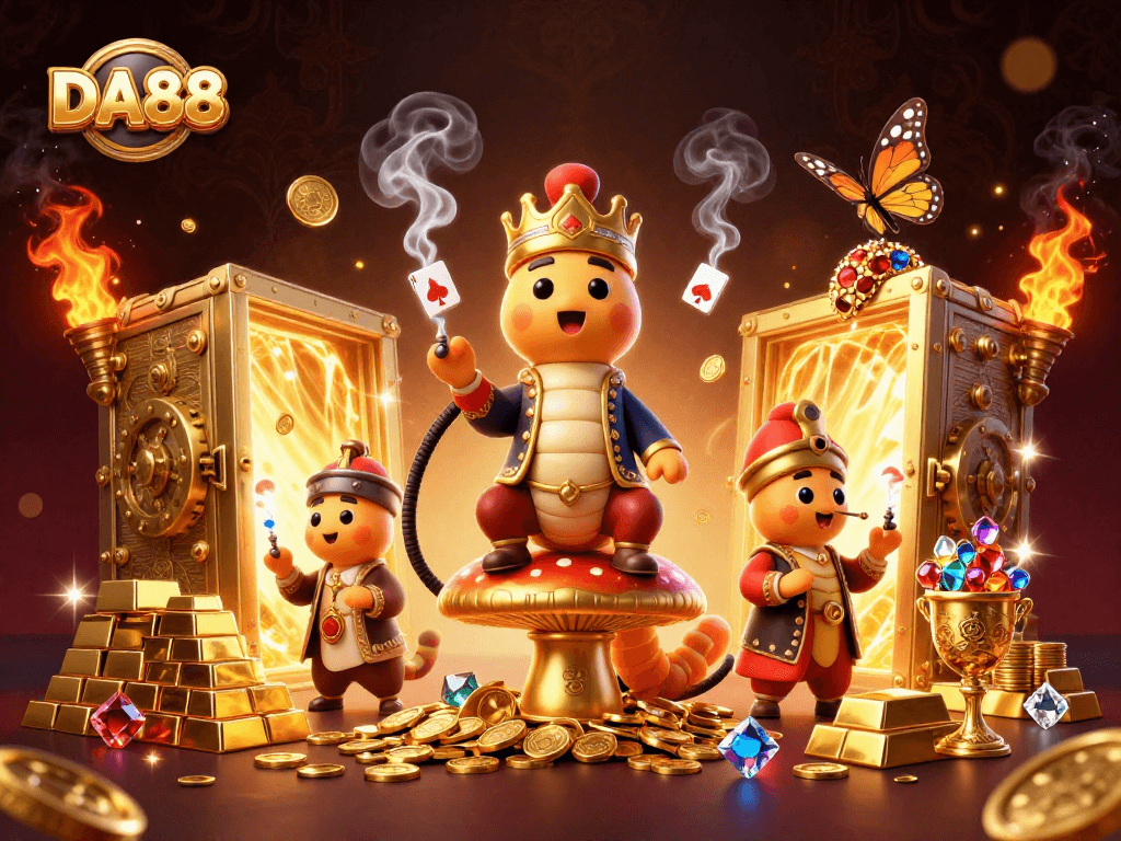 Experience DA88's captivating online casino world with a vibrant 3D illustration featuring an enchanting hookah-master.