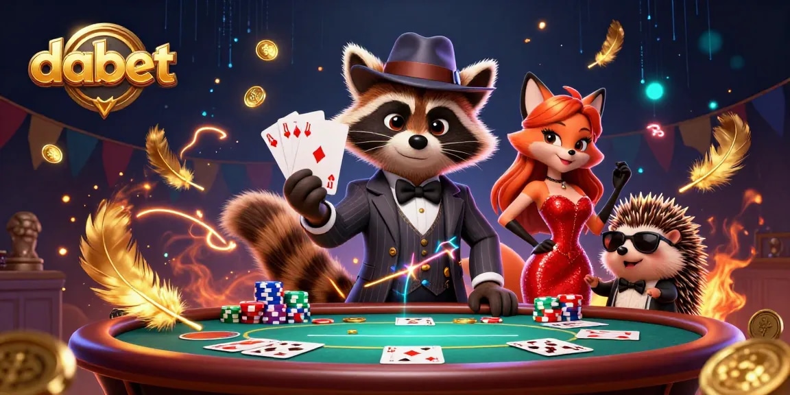 Dabet features a suave raccoon and a glamorous fox at a lively poker table with chips and cards.