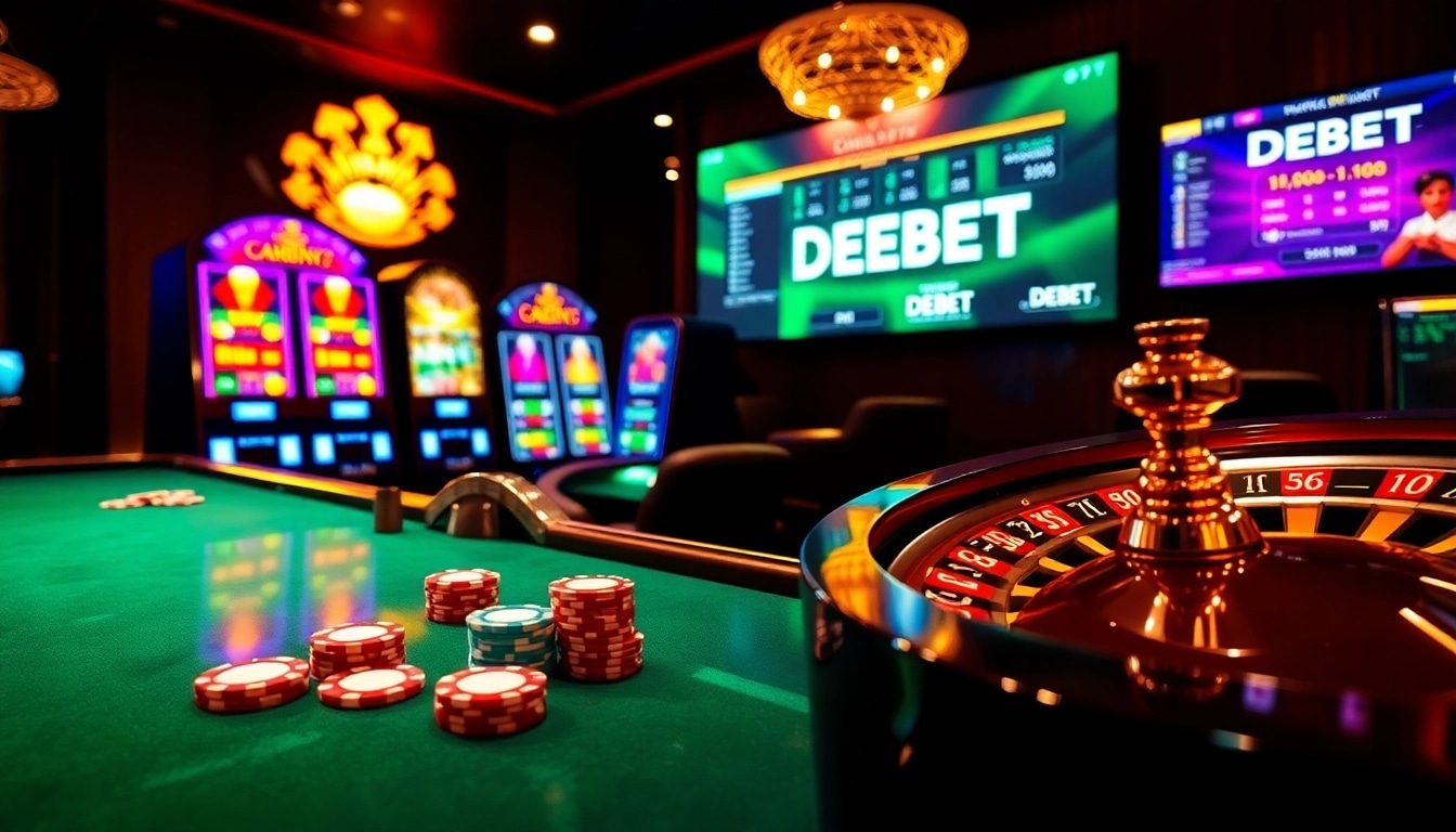 Engaging gambling scene with DEBET poker chips and roulette wheel showcasing luxury and excitement.