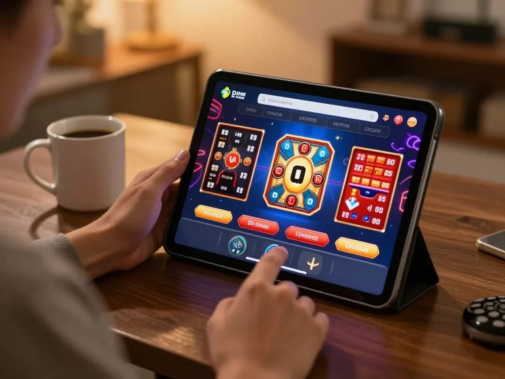 Player using Hitclub app on tablet for online casino gaming in cozy atmosphere