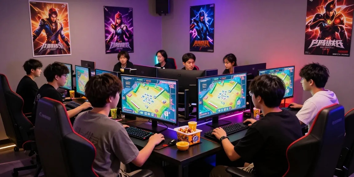 Group of friends enjoying online games at https://hm88.cafe/ in a vibrant gaming lounge with colorful lights and snacks.