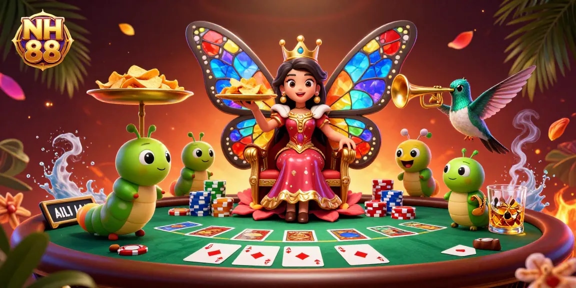 Experience thrilling moments with NH 88 in this vibrant casino scene featuring a butterfly queen and poker elements.