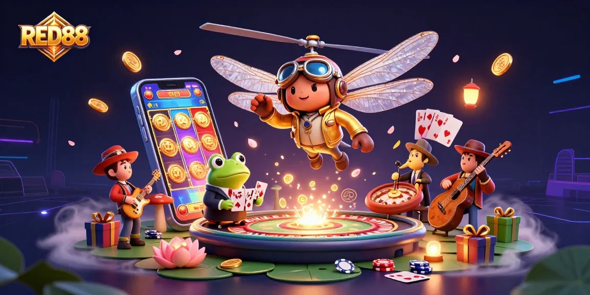 Experience thrilling gameplay at RED88 as a lively dragonfly pilot and frog croupier bring casino fun to life.