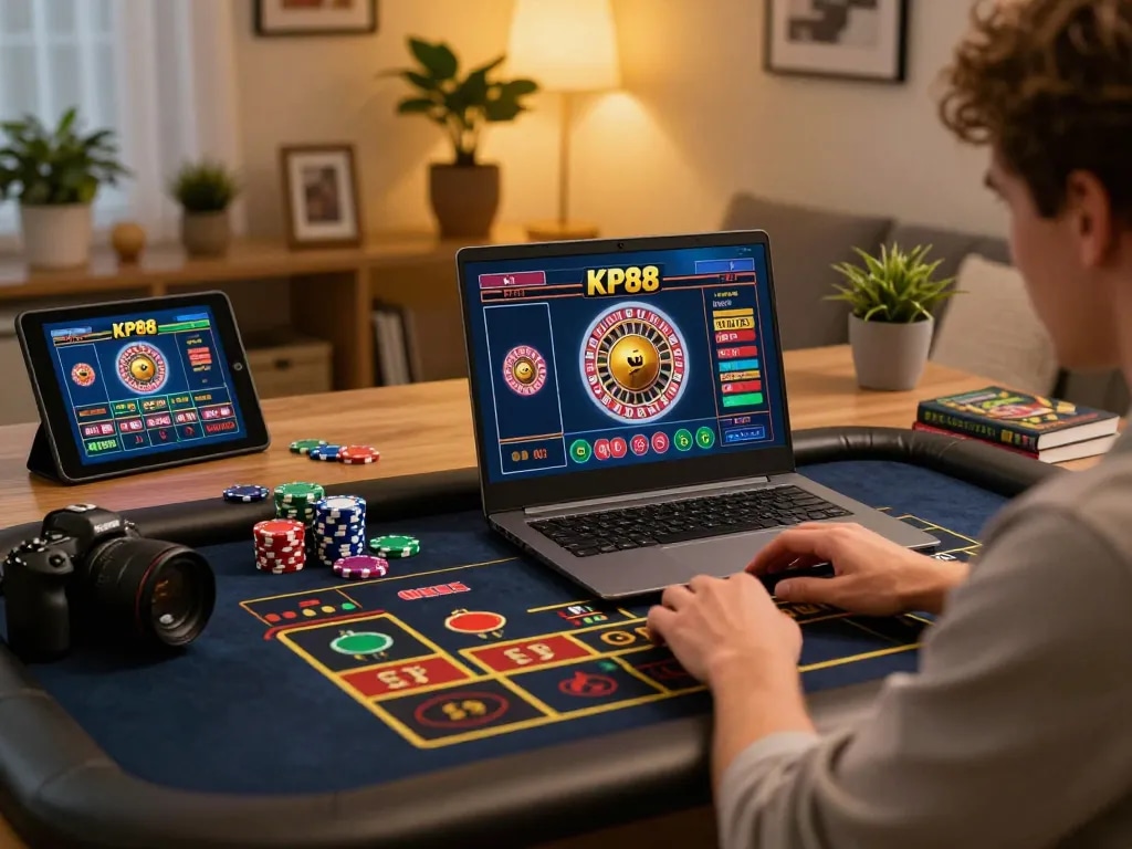 Player enjoying KP88 live roulette in a cozy home gaming setup, showcasing interactive betting.