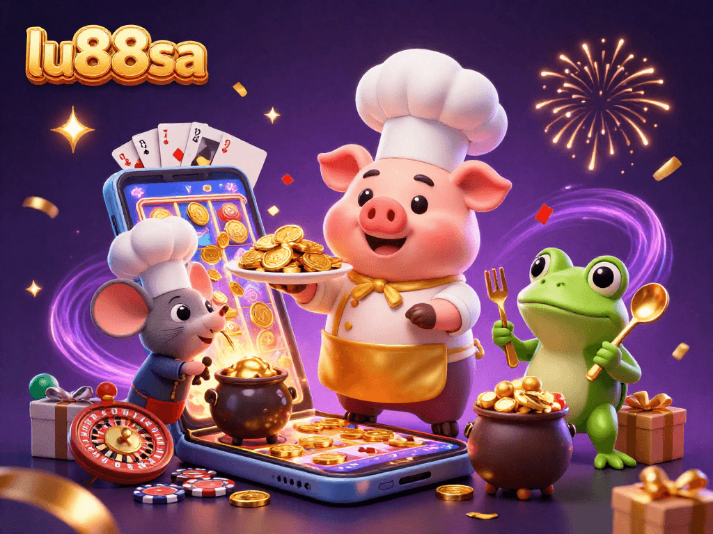 Experience the vibrant world of lu88sa with a chef pig serving gold coins in this dynamic casino scene.