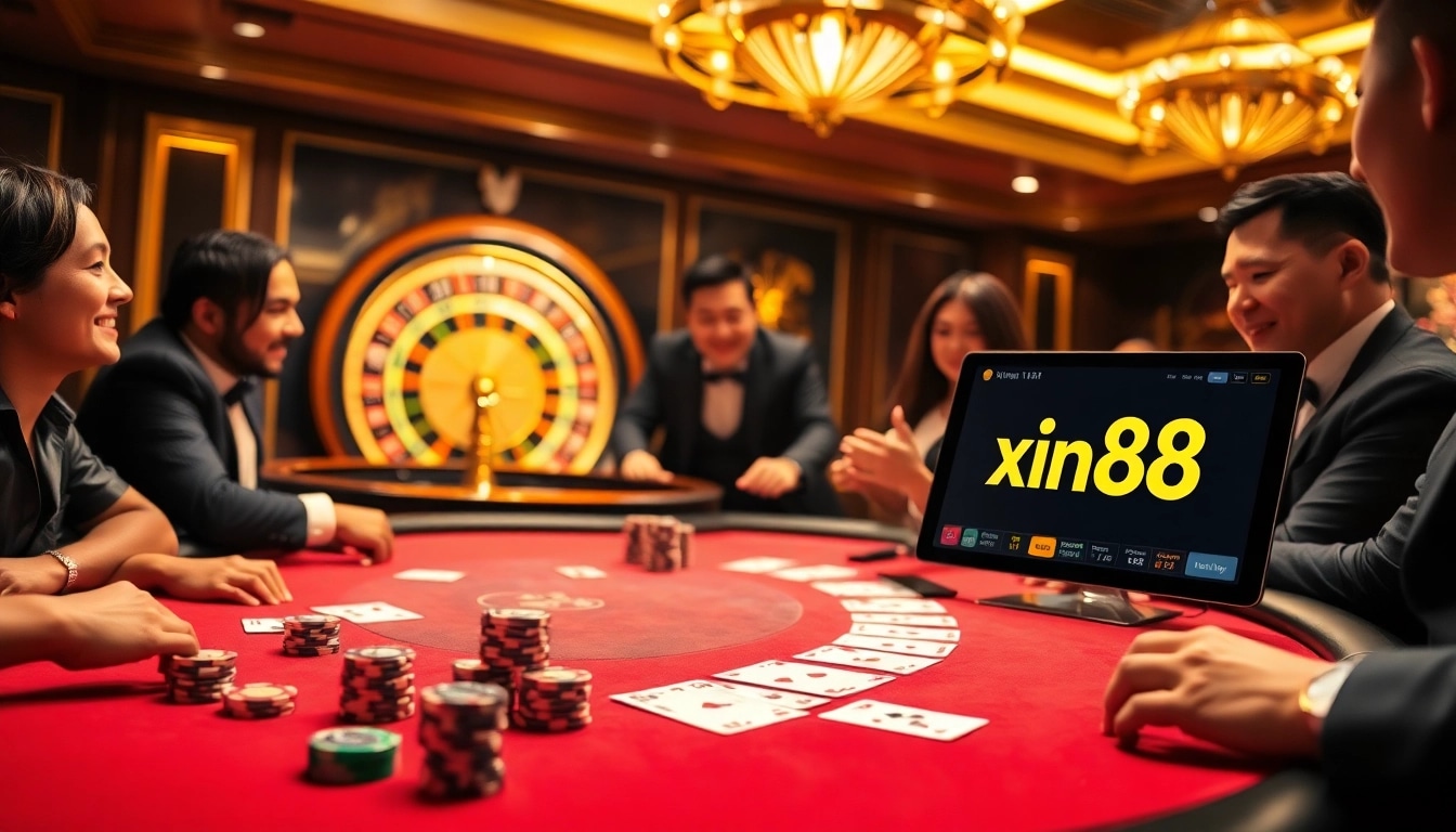 Players enjoying thrilling moments at xin88 casino with elegant poker and roulette tables.
