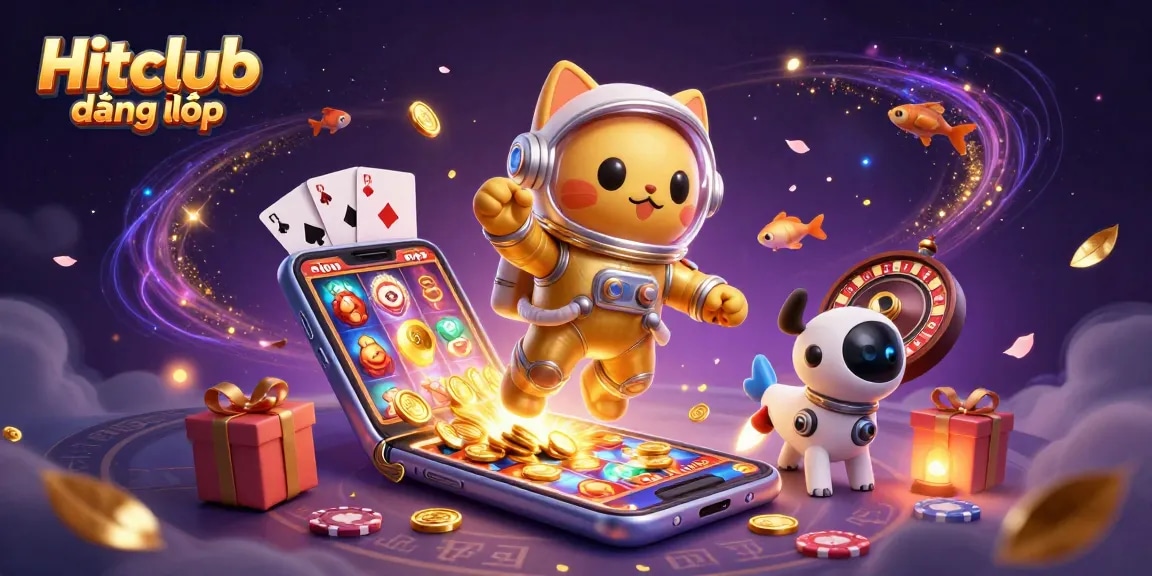 Experience gaming thrills with Hitclub đăng nhập, featuring dynamic casino elements and space characters.