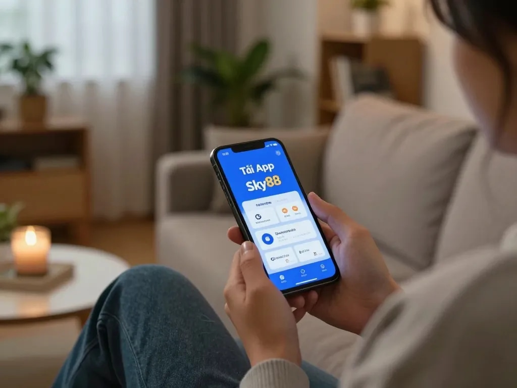 Tải app Sky88 for a smoother mobile gaming experience in a cozy living room setting.