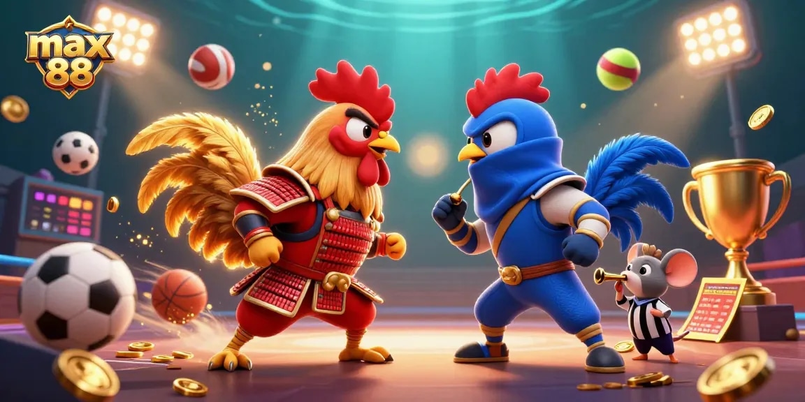 Experience thrilling max 88 action with dynamic fighting roosters and exciting casino elements.
