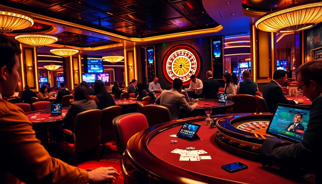 Gamblers experiencing excitement at a casino while engaging with https://nhandinhkeonhacai.news/ online betting strategies.