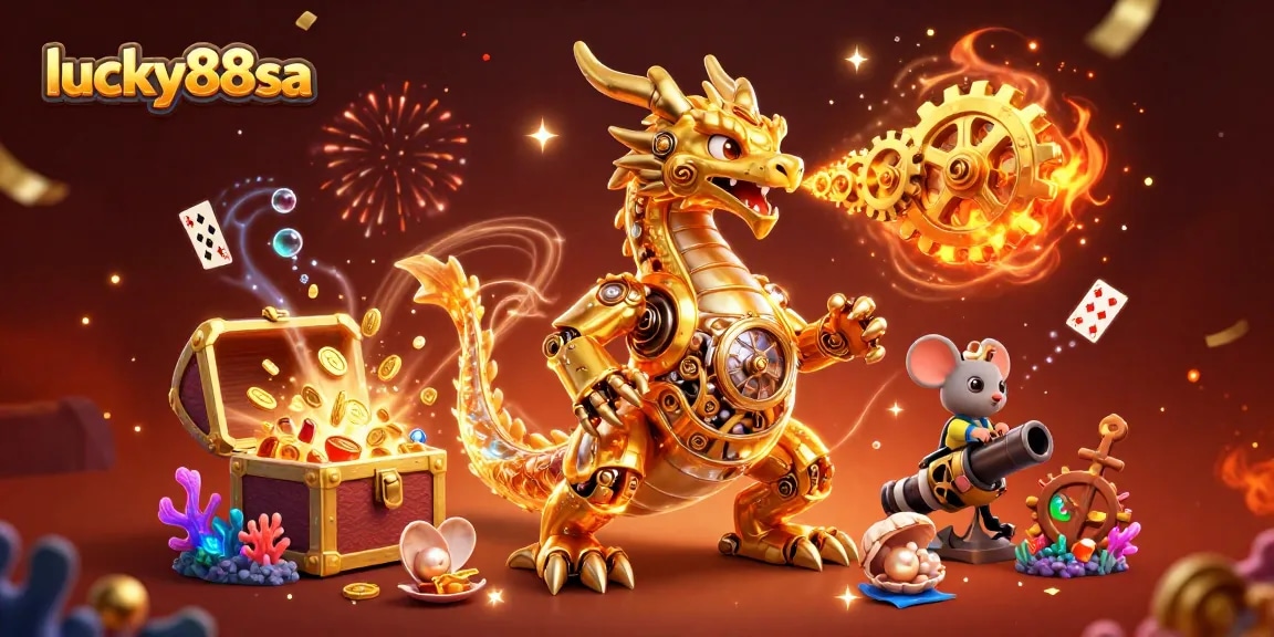 Experience gameplay magic with lucky88sa, featuring a golden dragon amidst treasure and celebration.