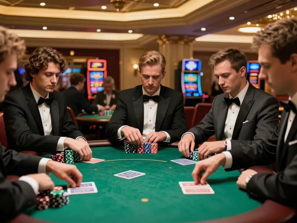 Players enjoying an intense poker game at NHÀ CÁI VUA88 casino, showcasing strategic gameplay.