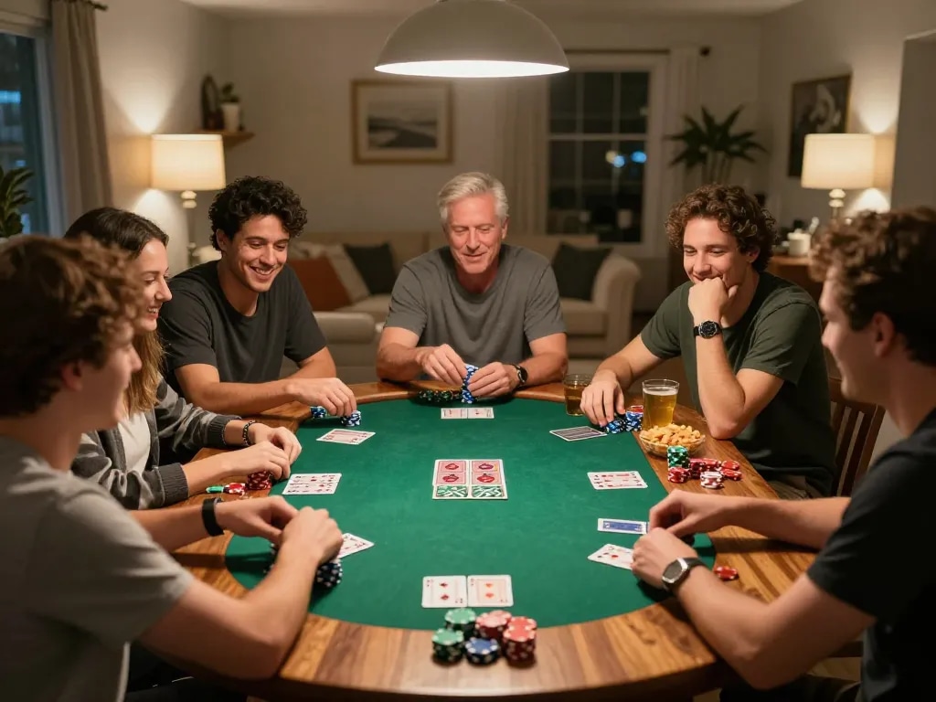 Players engage in an exciting home poker game at new88blog, showcasing chips and cards in friendly competition.