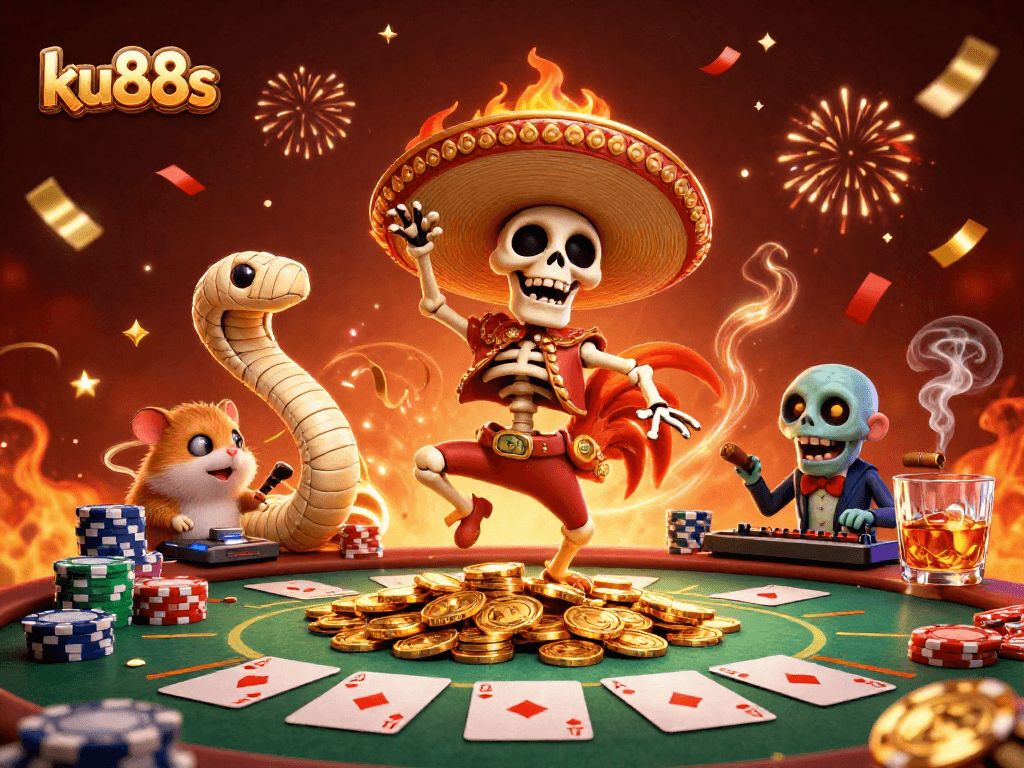 ku88s celebrates with a vibrant 3D casino scene featuring playful characters in a poker game.