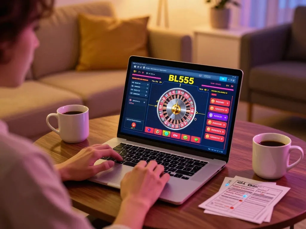 Engaging gameplay at BL555 online casino with colorful roulette interface on laptop.