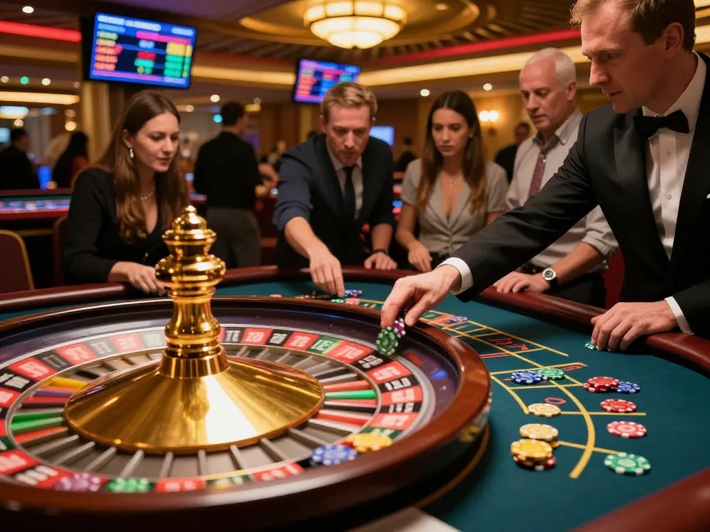 Experience the excitement of bom88 at a high-stakes roulette game with players eagerly placing bets.