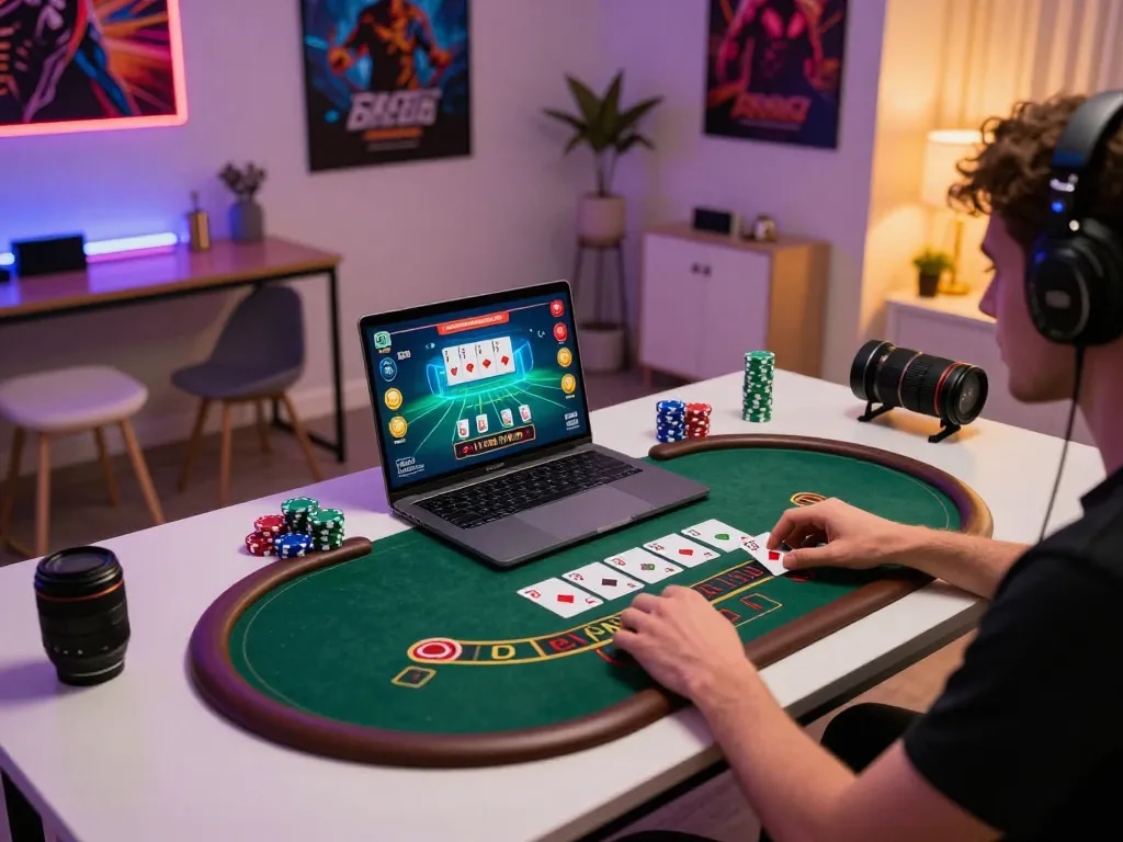 Player enjoying a thrilling blackjack game on 78win's online platform, showcasing colorful graphics and strategic gameplay.
