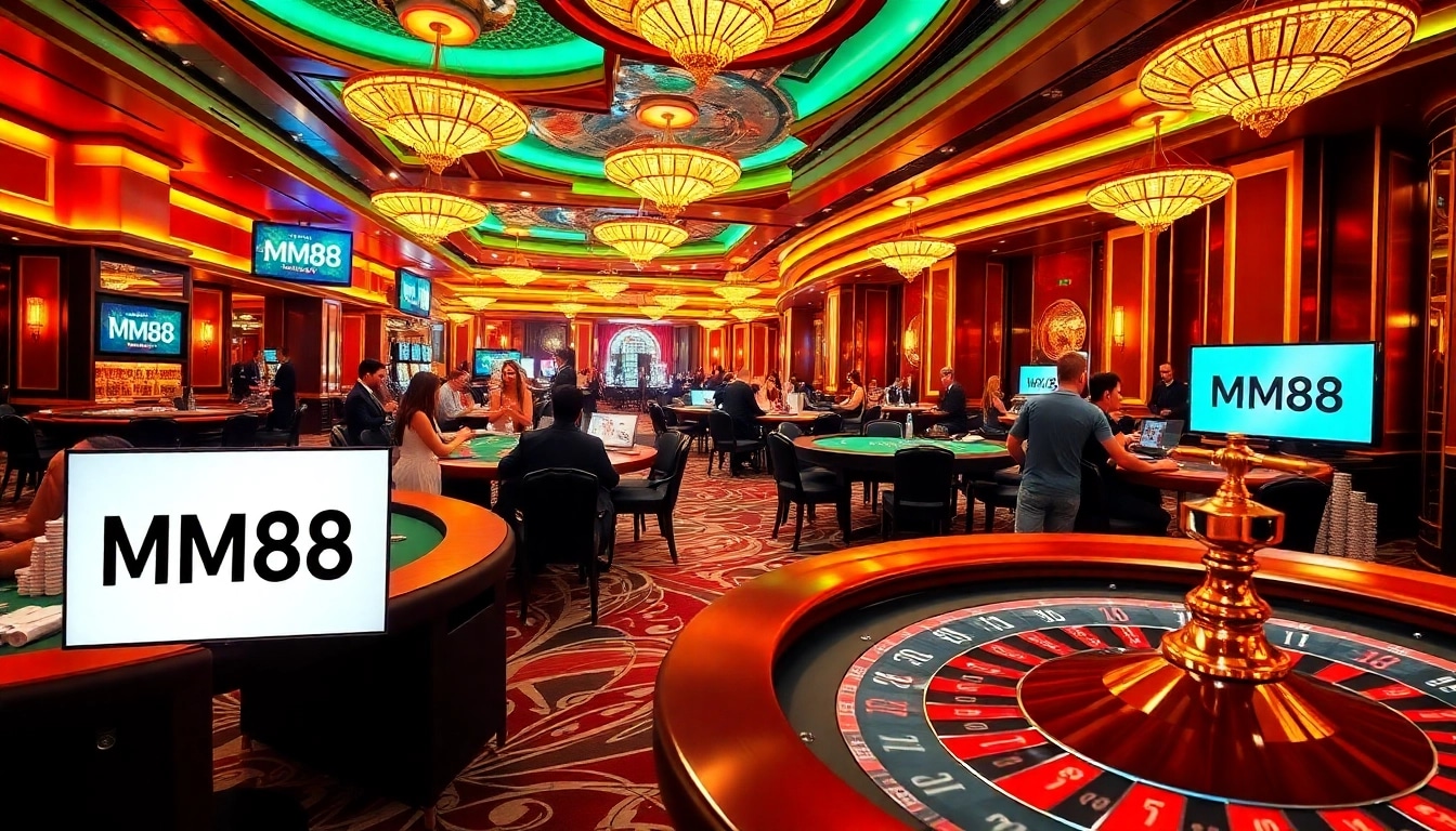 Players enjoying a thrilling game of poker at MM88 casino with elegant decor and vibrant atmosphere.