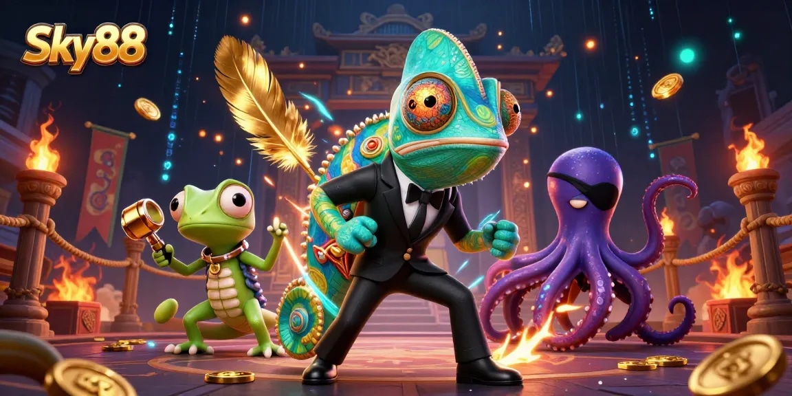 Experience the thrilling games at Sky88 with vibrant 3D illustration showcasing unique characters and dynamic gambling elements.