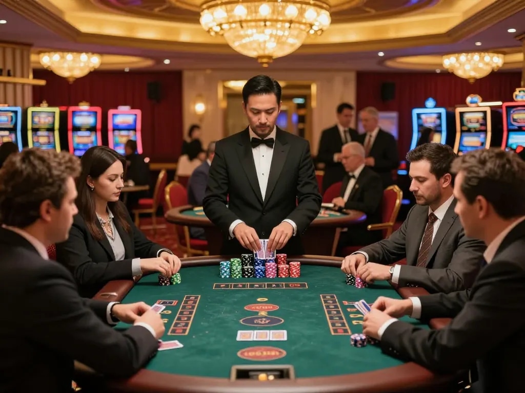 Players engage in thrilling blackjack action at a luxurious casino, embodying the 3WIN experience.