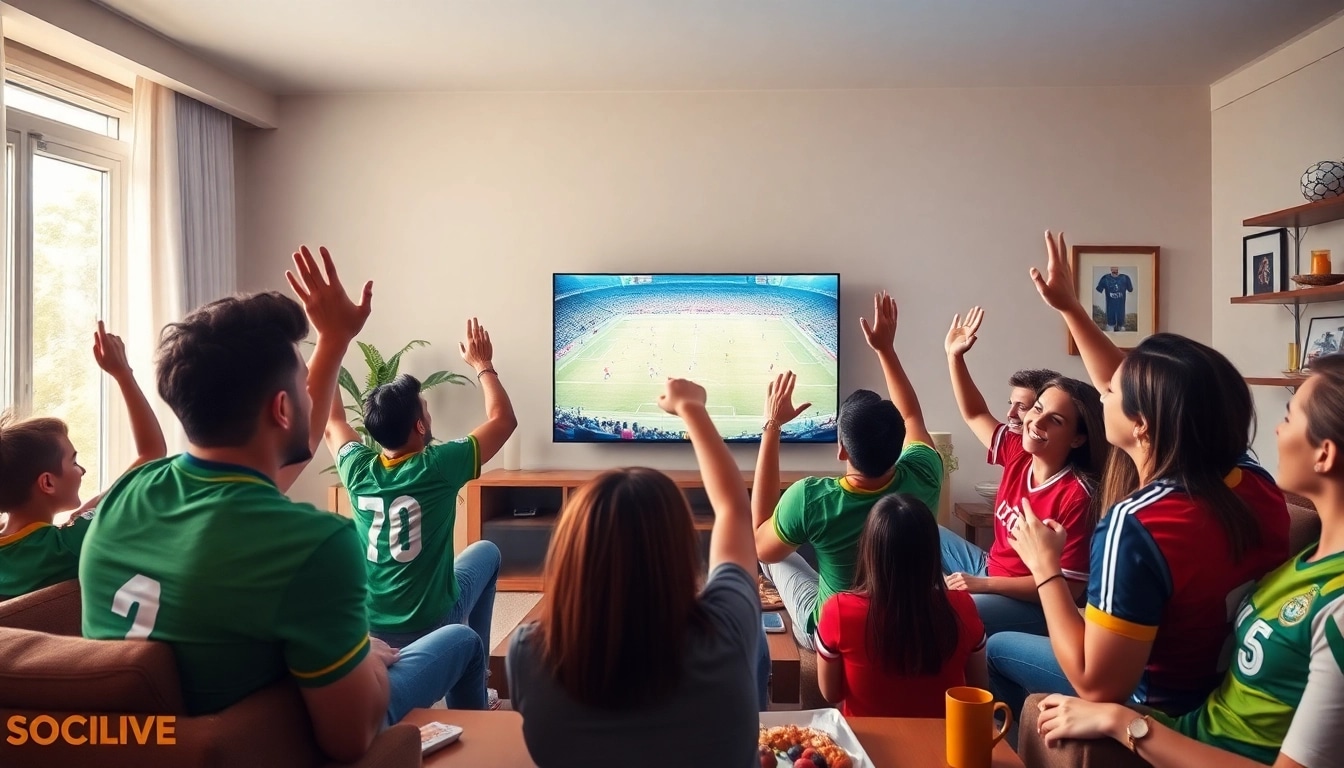 Socolive trực tiếp bóng đá scene with fans in a lively living room watching a football match.