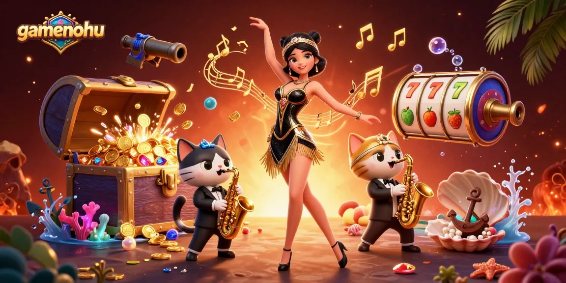 Spin and win with gamenohu, showcasing a dazzling flapper dancer and a jazzy cat amidst swirling gold coins and slot reels.