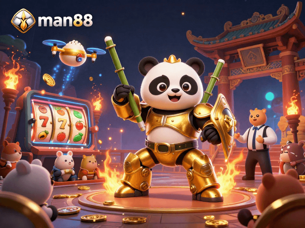 Experience the excitement of man88 with a vibrant 3D casino scene filled with dynamic games and cheering spectators.