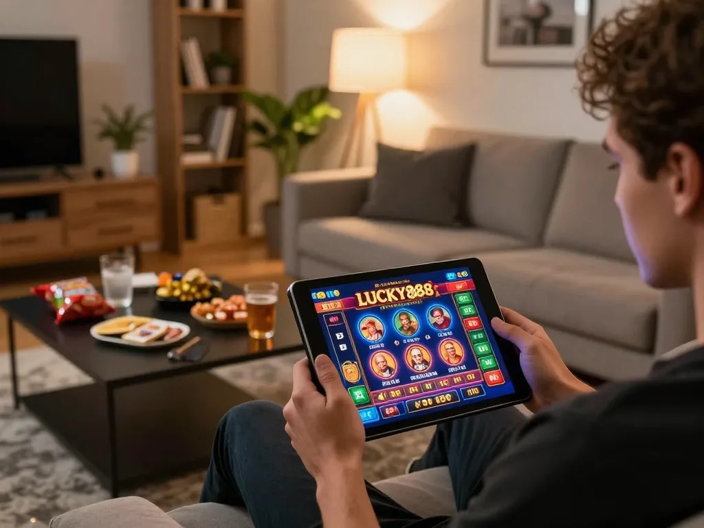 LUCKY88 user enjoying online gaming on a tablet in a cozy living room with snacks and warm lighting.