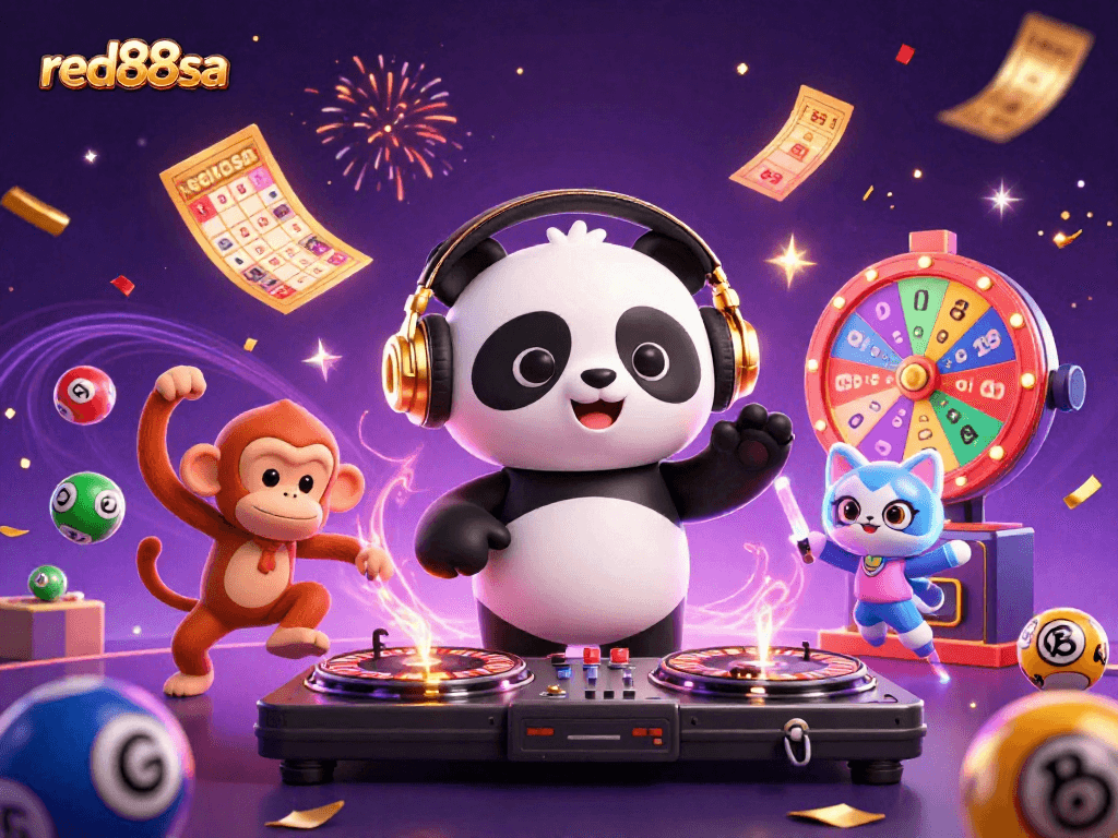Engage with red88sa’s vibrant casino energy featuring a DJ panda, dancing monkey, and glowing kitten.