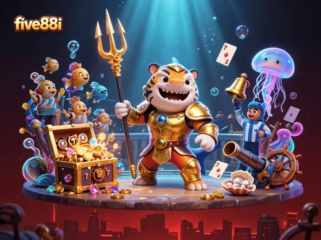 Experience the excitement of five88i with a vibrant underwater casino scene featuring a shark gladiator.