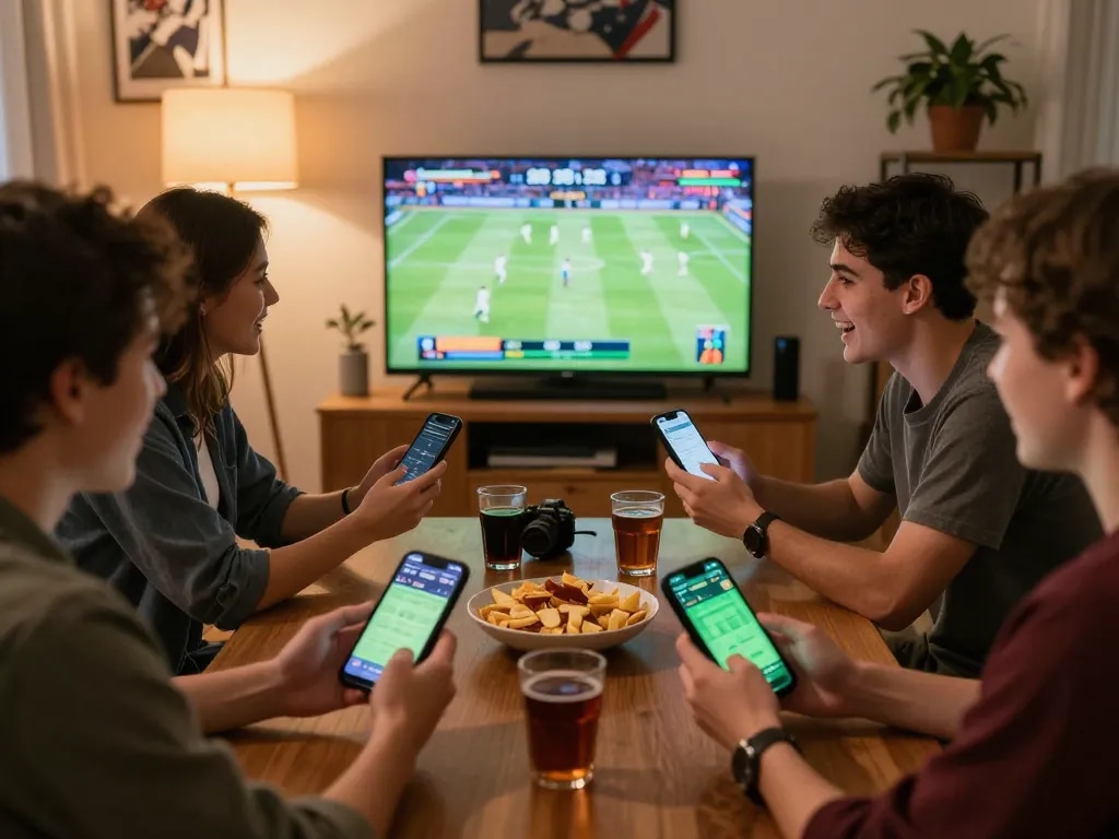 Friends strategizing on Nhà cái Sky88 while enjoying a sports game, showcasing responsible betting atmosphere.