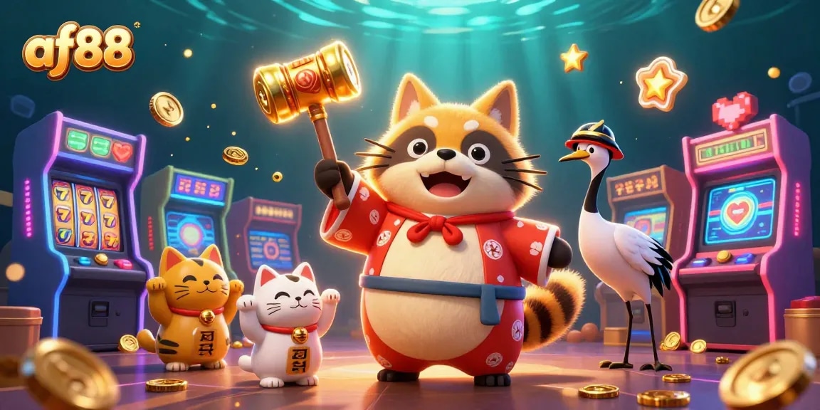 Experience winning moments at af88 with a joyful tanuki and colorful casino elements in vibrant 3D.