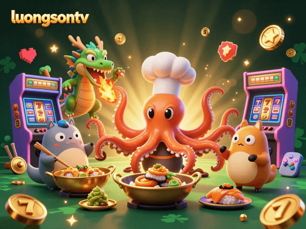 Experience immersive gambling fun with luongsontv's vibrant scene of a sushi chef octopus and a dragon!