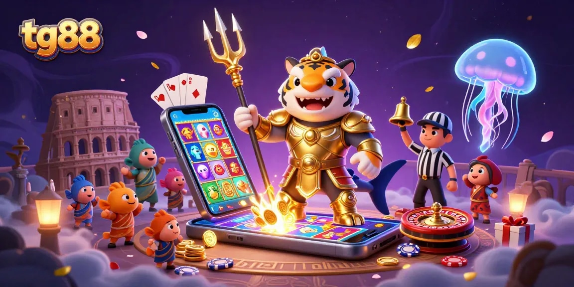 Engage in thrilling games at tg88 with a lively underwater casino scene featuring a shark gladiator and vibrant game elements.