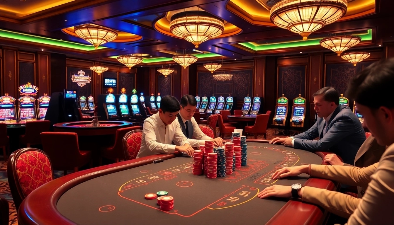 Players engaged in a thrilling poker game at a luxurious casino table, enhancing their experience at nhatvip.com.