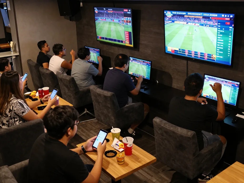 Dabet đăng nhập with excitement as bettors engage with their smartphones in a bustling sports lounge.