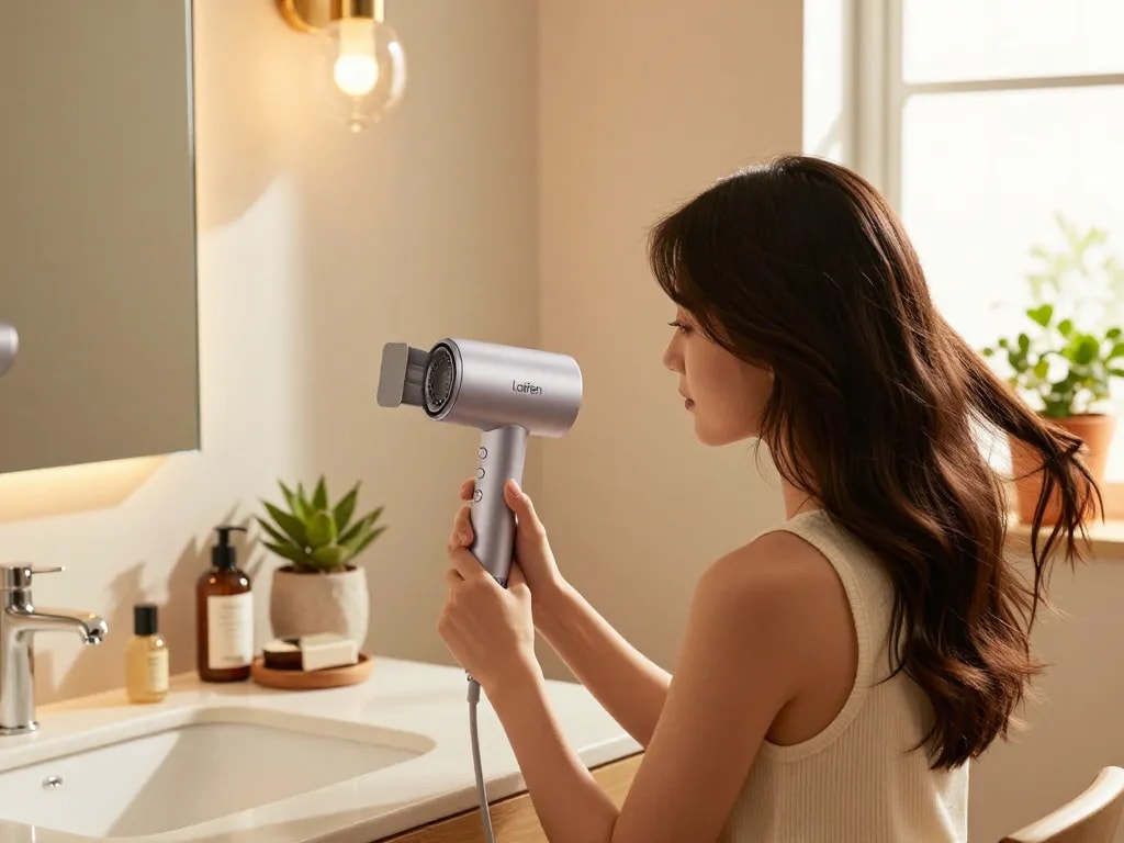 Young woman using a Laifen hair dryer in a modern bathroom, showcasing its stylish design and attachments.