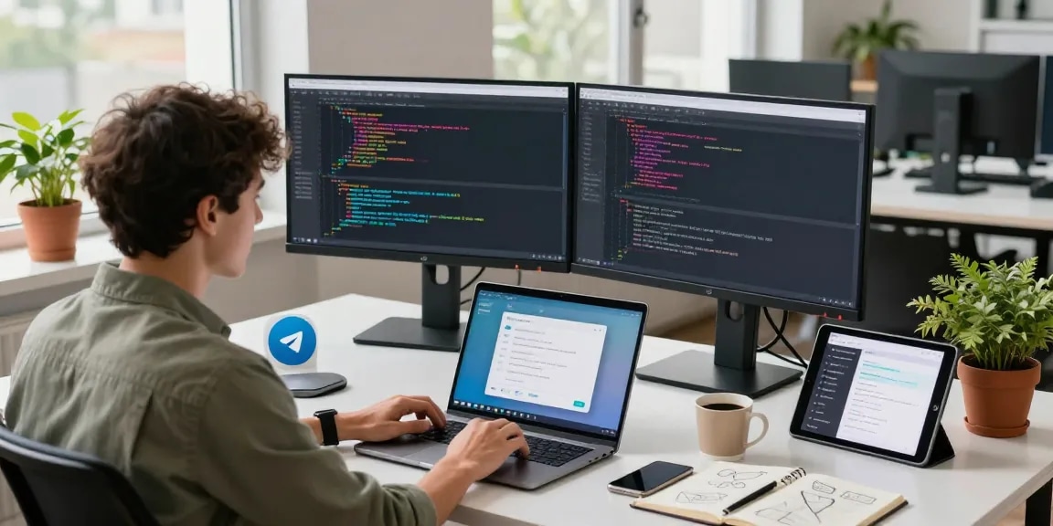 Developer coding at a workspace with monitors showcasing Telegram download, laptops, and tech gadgets.