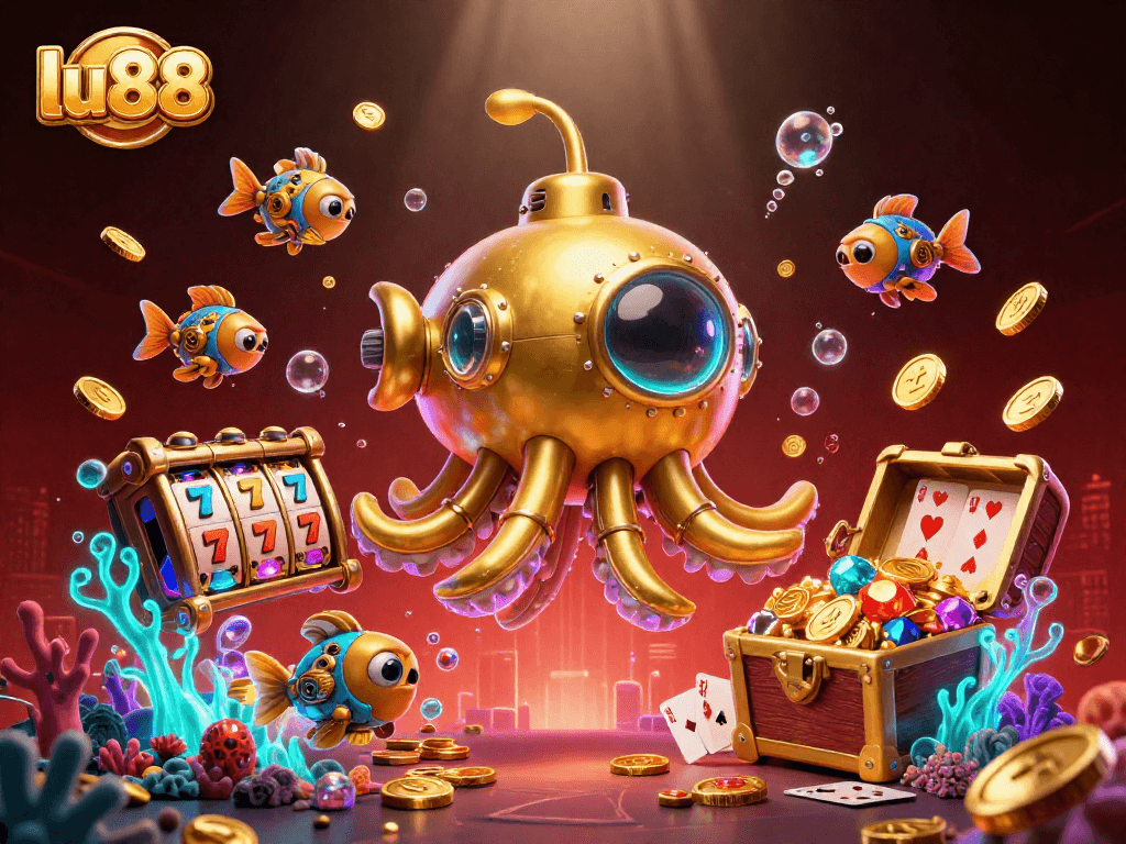 Experience the thrill of lu88 with a vibrant 3D casino scene packed with treasure and games.