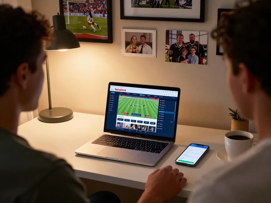 Socolive streaming live matches on a laptop during a cozy sports betting setup.