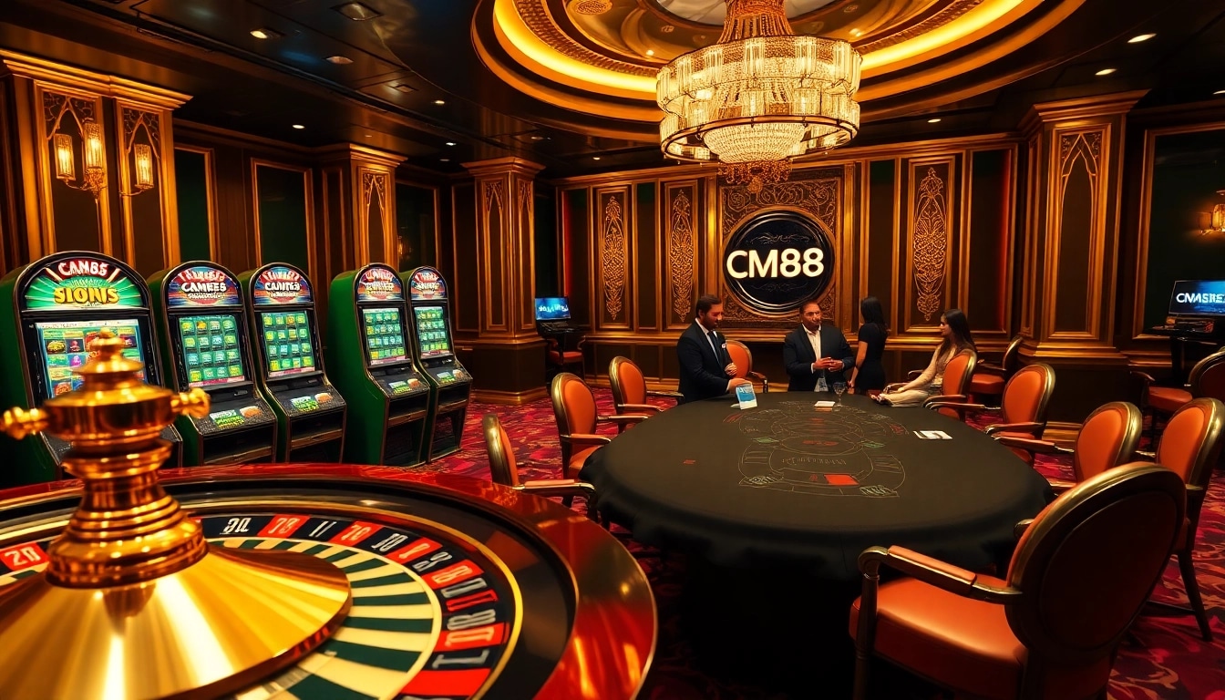 Engaging poker players and vibrant slot machines highlight CM88's luxurious casino experience.