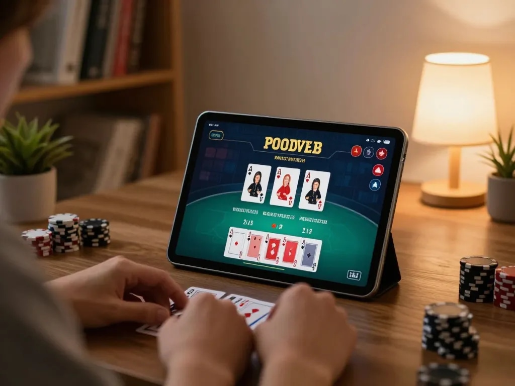 Engaged in online gaming, Nhà cái Sky88 player strategizes bets on tablet in cozy home office.